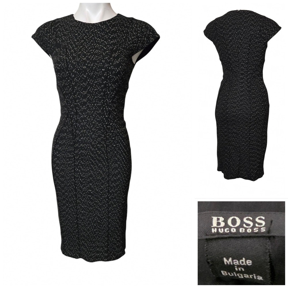 BOSS Hugo Boss dress Black White stretch textured Sheath Cap Sleeve sz 4 office